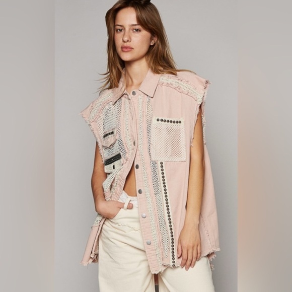 POL Collar Neck Oversized Fit Vest | Cream | Stud & Mesh Details | New with Tags - Picture 1 of 5